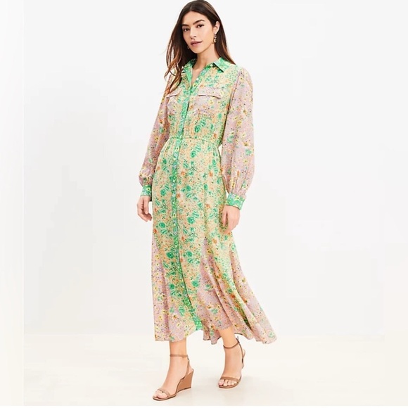 LOFT Floral Godet Pocket Shirtdress Size XL| Cottagecore floral patchwork - Picture 2 of 14